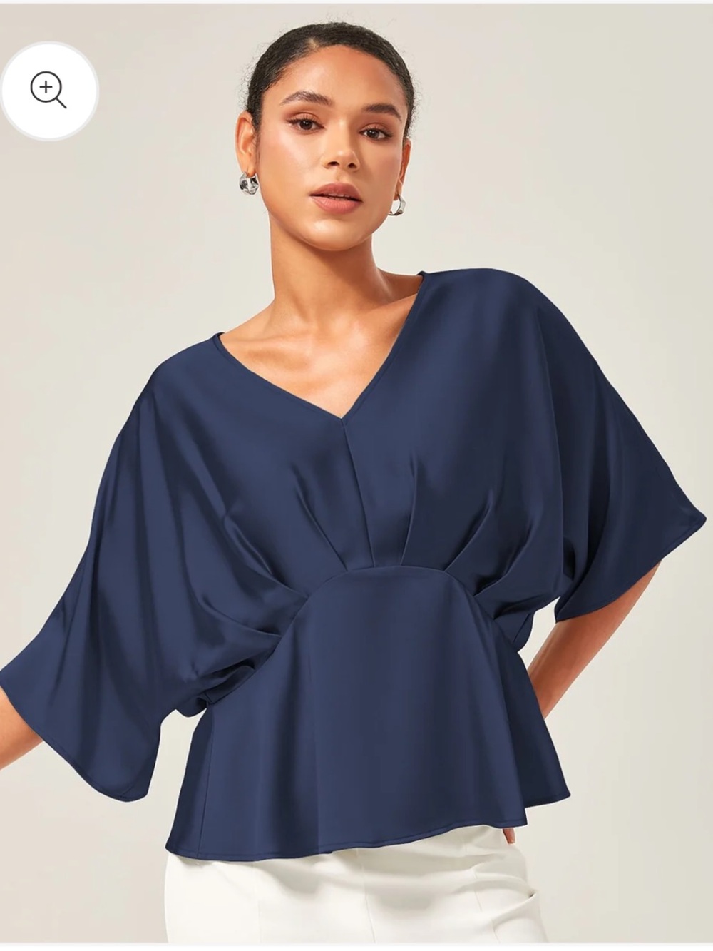 Ador Navy Satin Dolman Sleeve Inverted Pleat V-Neck Top XL Flowy, minimalist
